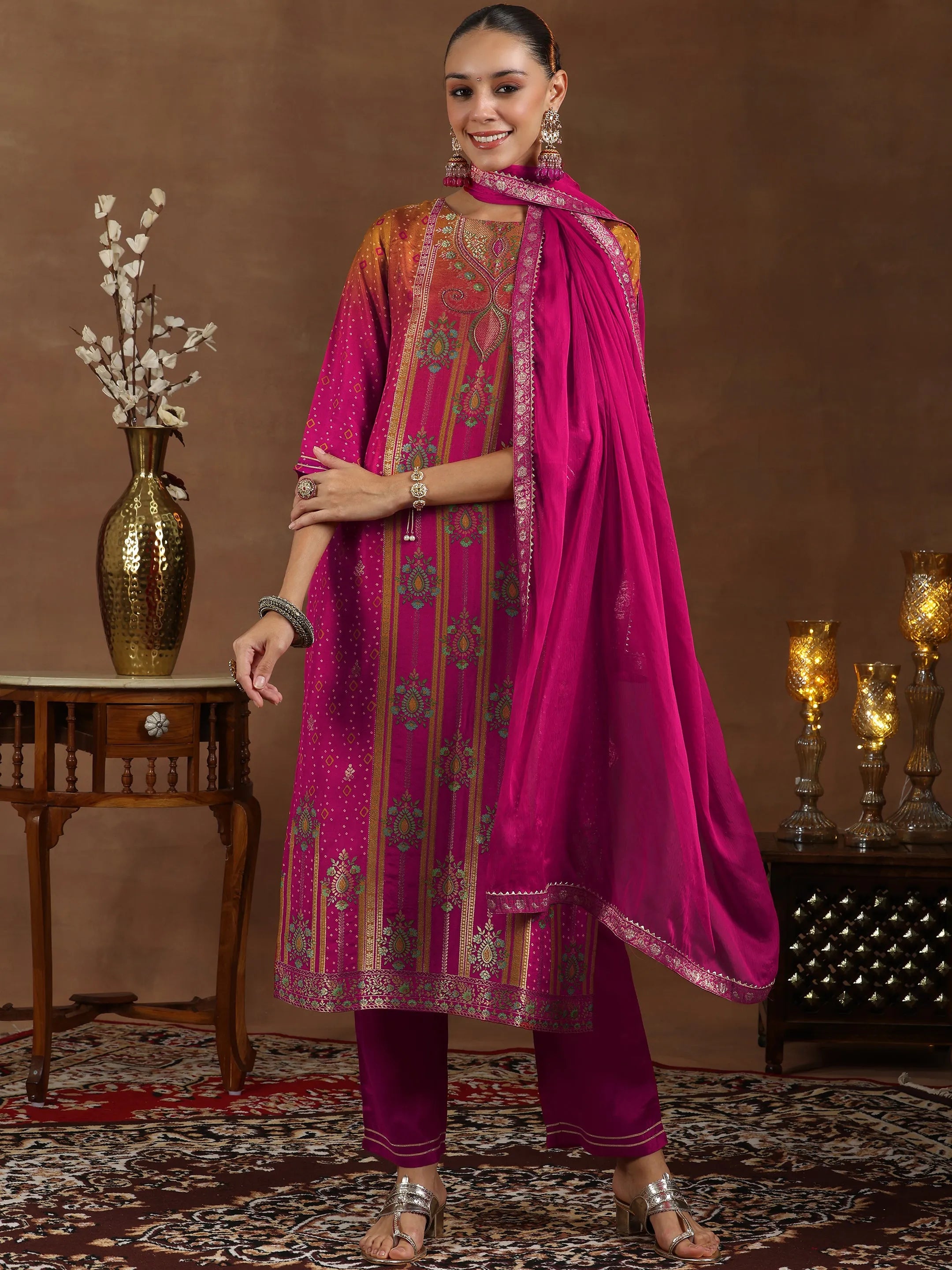 Pink Woven Design Silk Blend Straight Suit With Dupatta Online at Rs.2819 | Libas