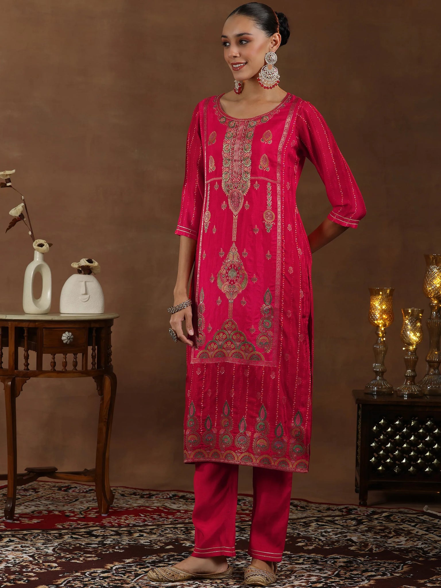 Red Woven Design Silk Blend Straight Suit With
Red Woven Design Silk Blend Straight Suit With