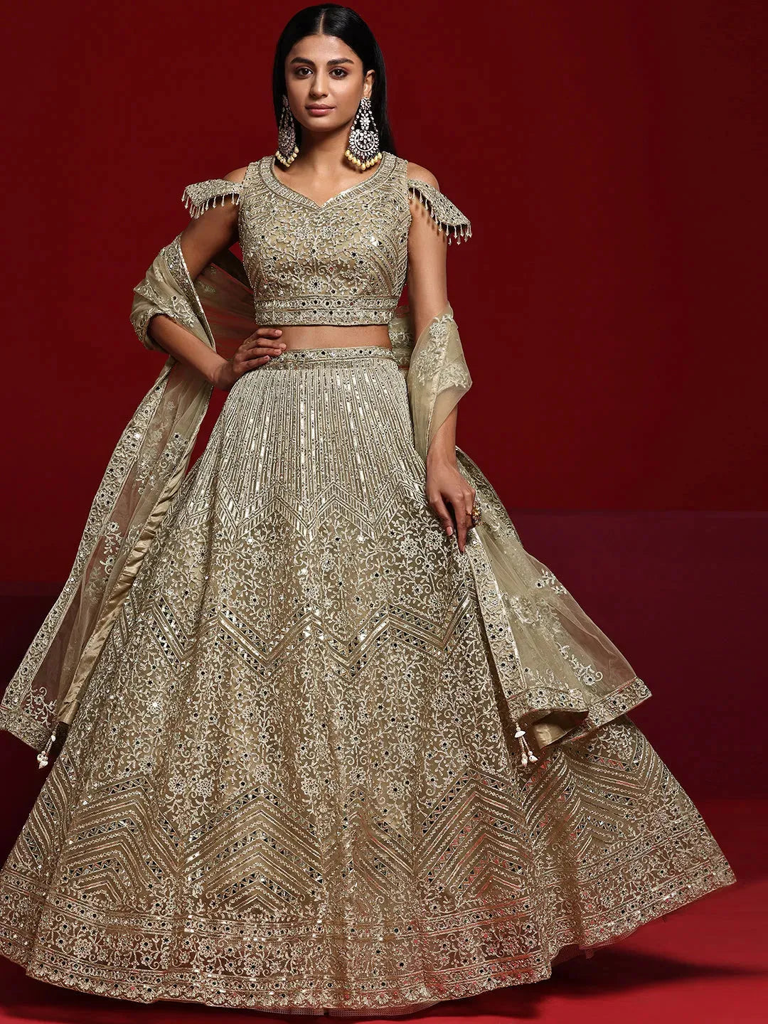 Libas Art Beige Embellished Net Lehenga Set