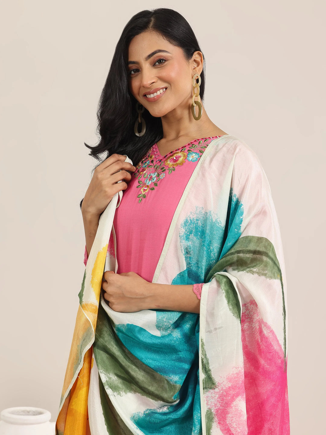 Pink Yoke Design Muslin Straight Suit With Dupatta