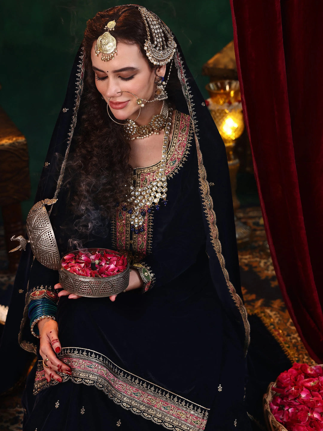 Blue Embroidered Velvet Straight Suit With Dupatta