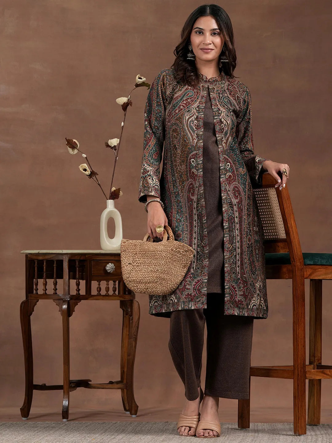 Buy Brown Solid Wool Blend Straight Kurta Set Online at