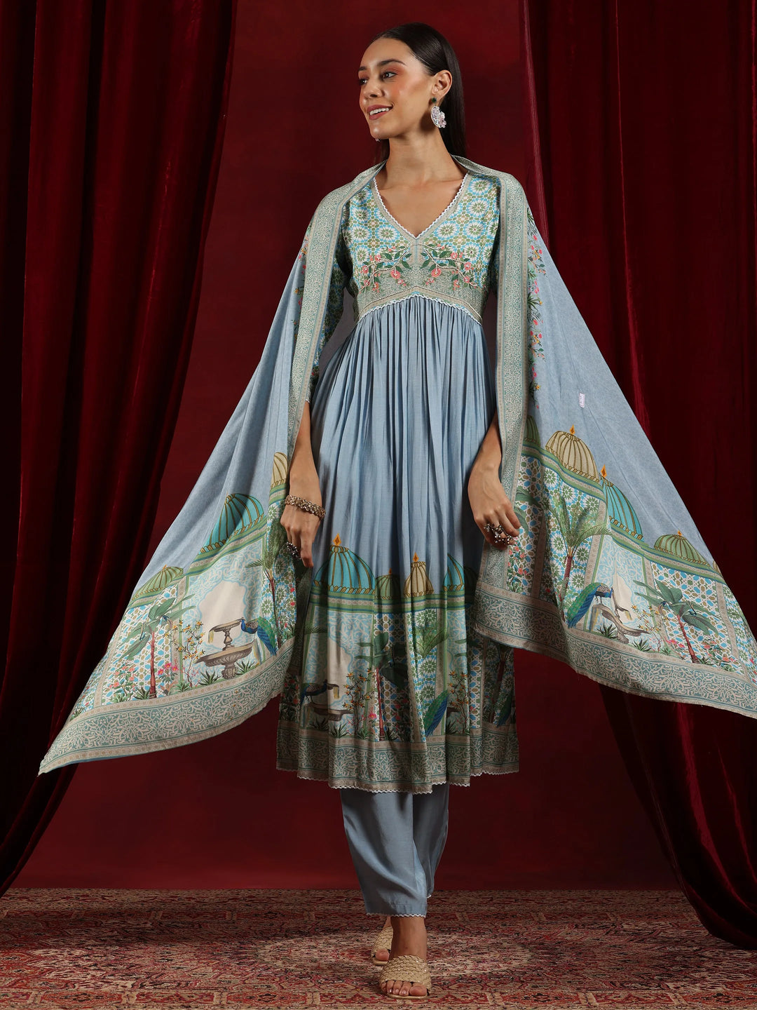 Libas Art Blue Printed Muslin Anarkali Suit With Dupatta