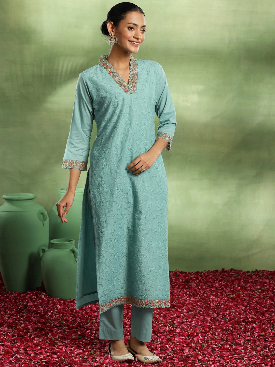 Sea Green Embroidered Cotton Straight Suit With Dupatta