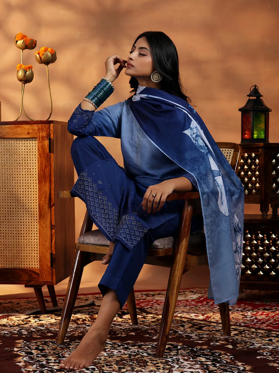 Blue Self Design Silk Blend Straight Suit With Dupatta