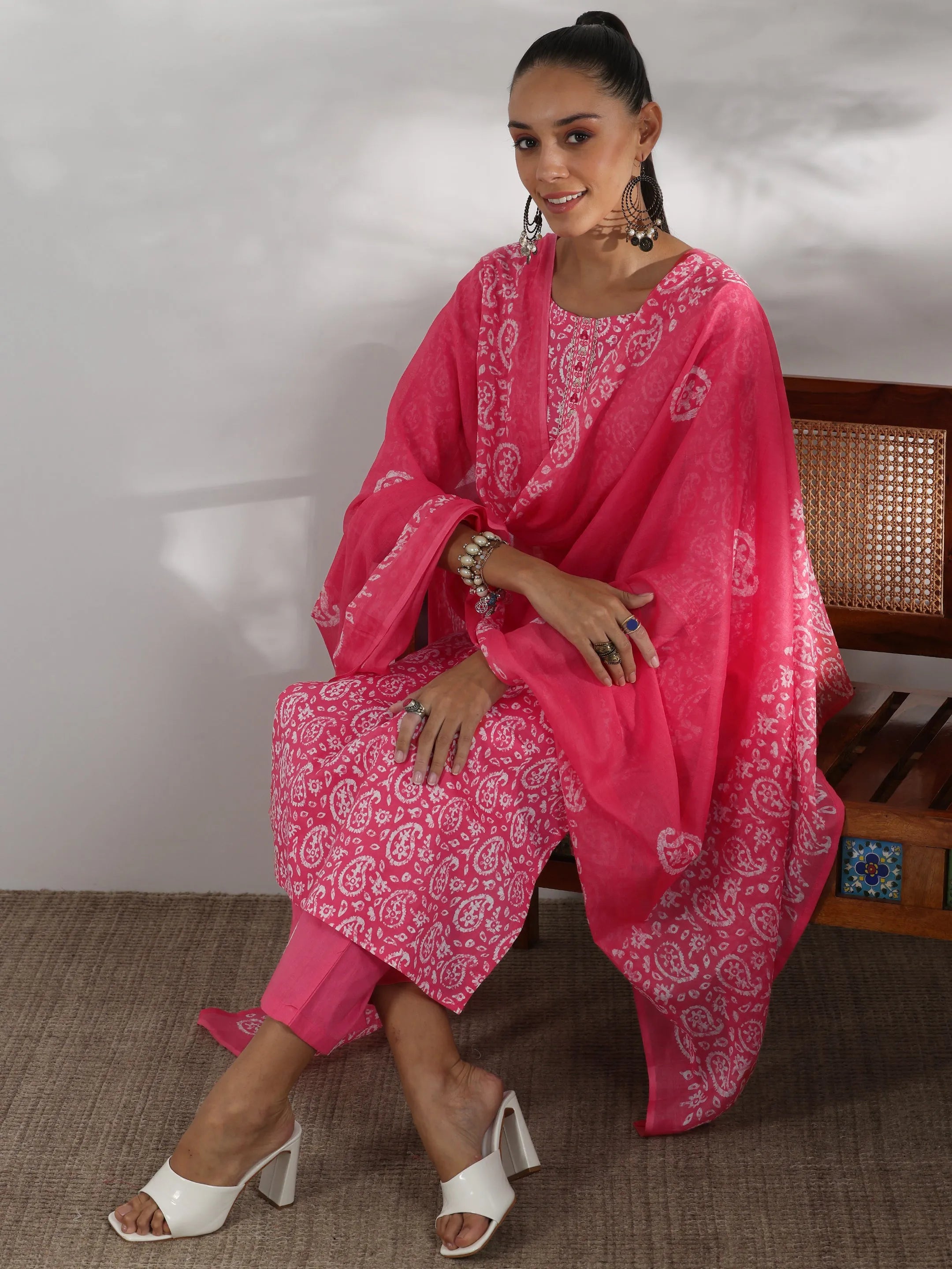 Pink Printed Cotton Straight Suit Set With Dupatta