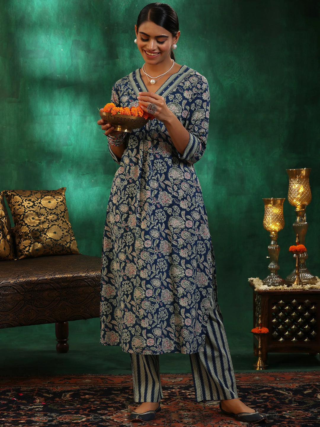 Blue Printed Cotton Straight Kurta Set