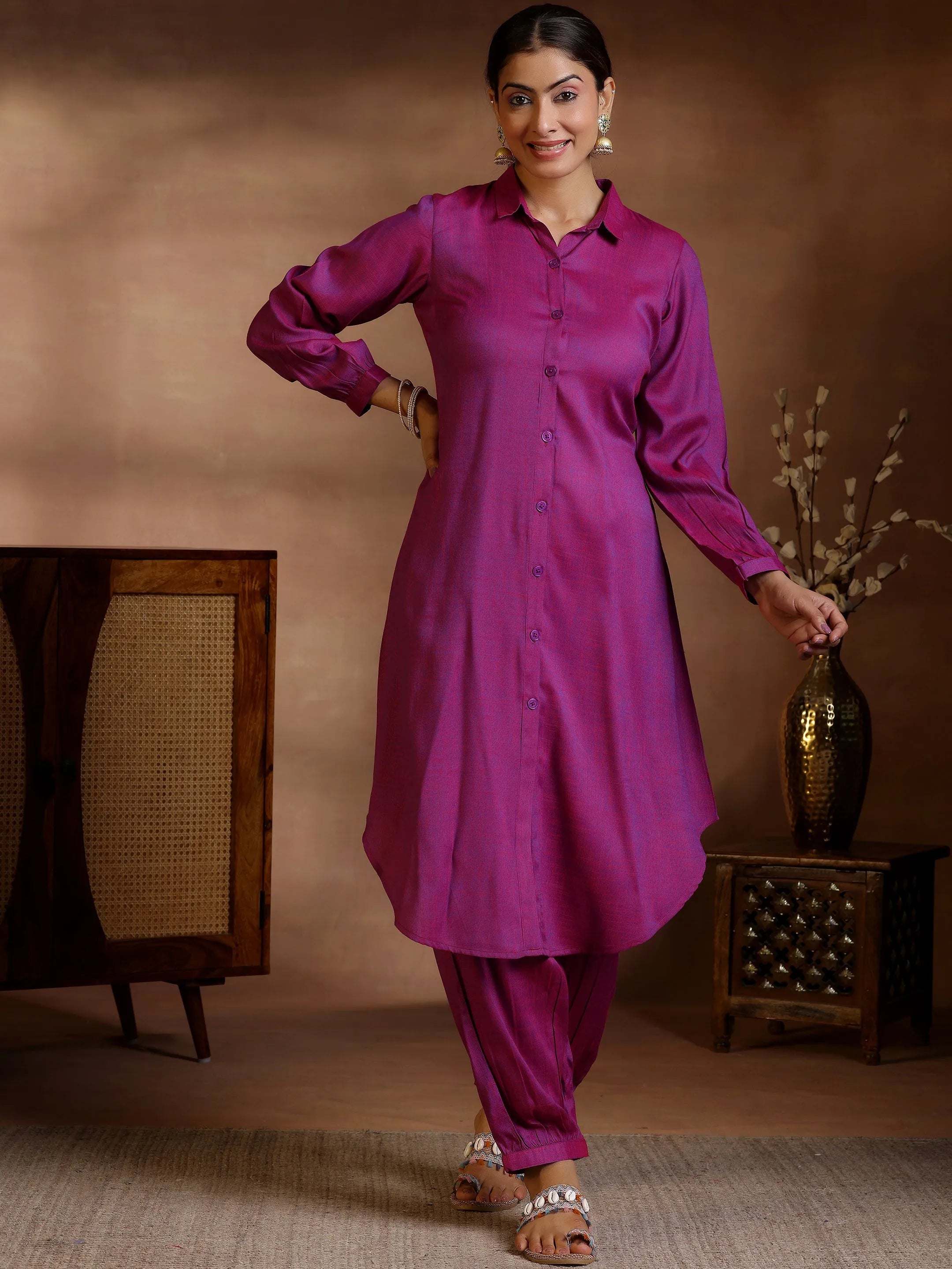 Magenta Solid Cotton Blend Co-Ords Online at Rs.949 | Libas