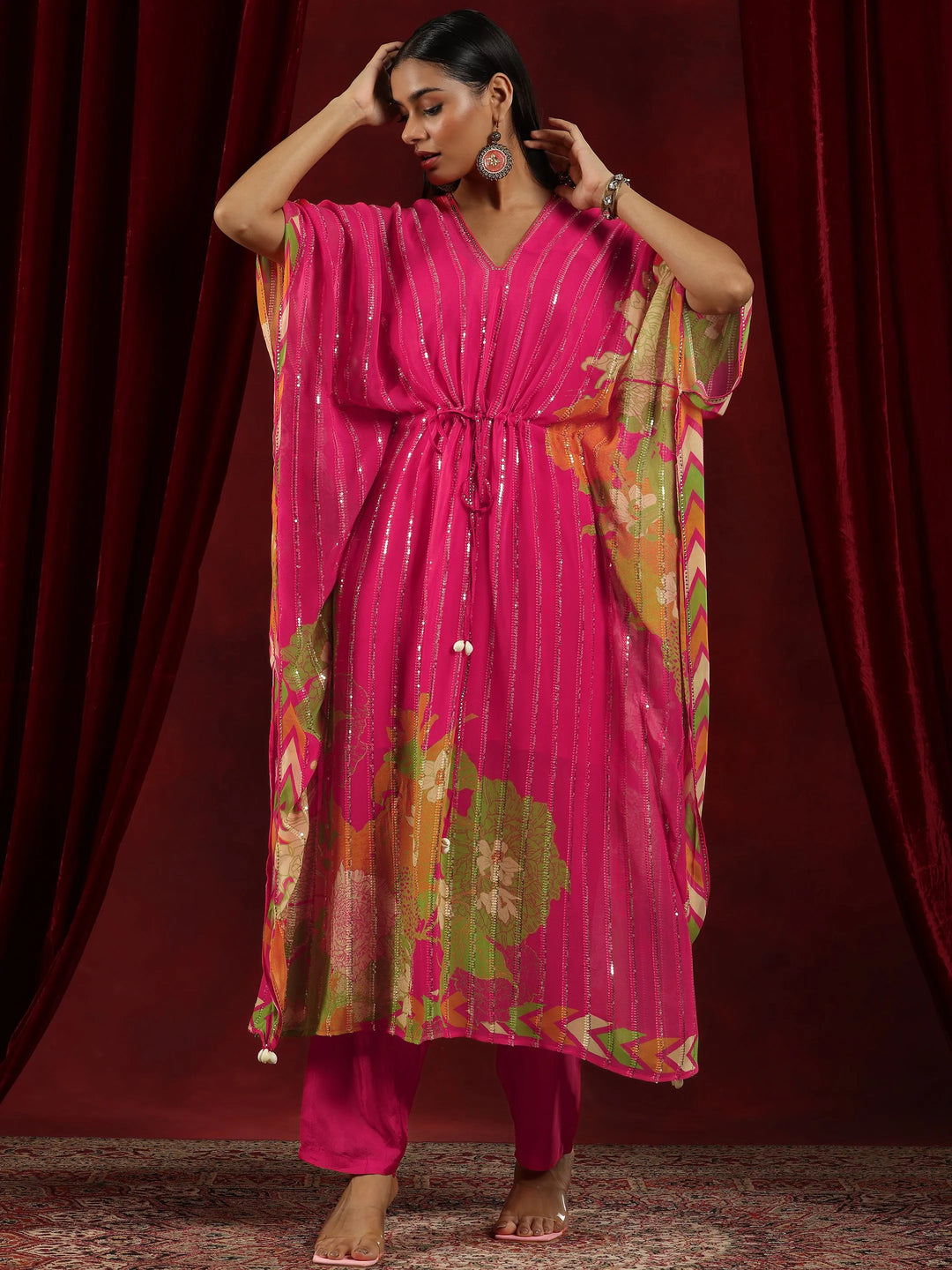 Libas Art Pink Printed Poly Georgette 3 Piece Co-Ords