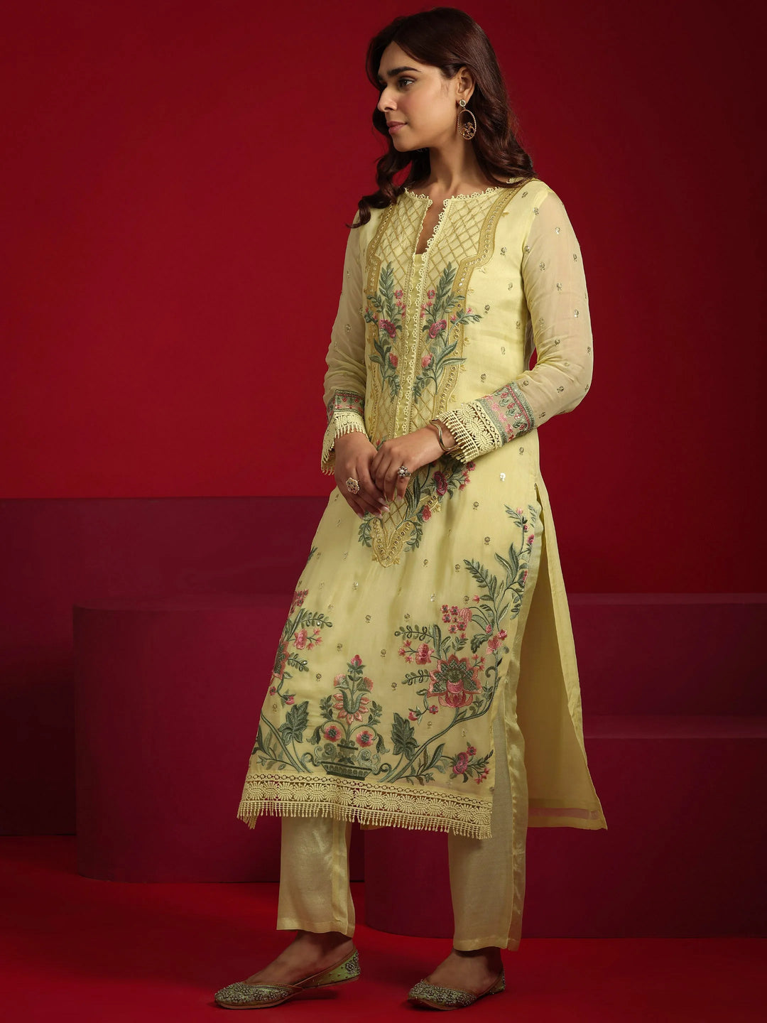 Libas Art Lime Green Embroidered Organza Straight Suit With Dupatta