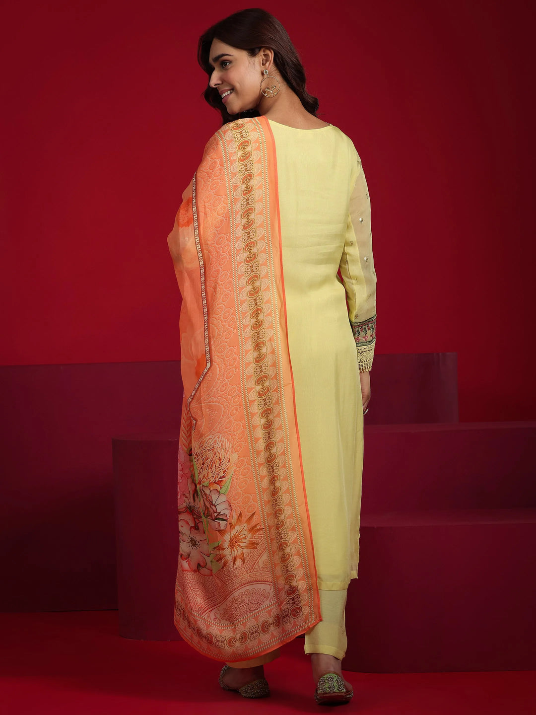 Libas Art Lime Green Embroidered Organza Straight Suit With Dupatta