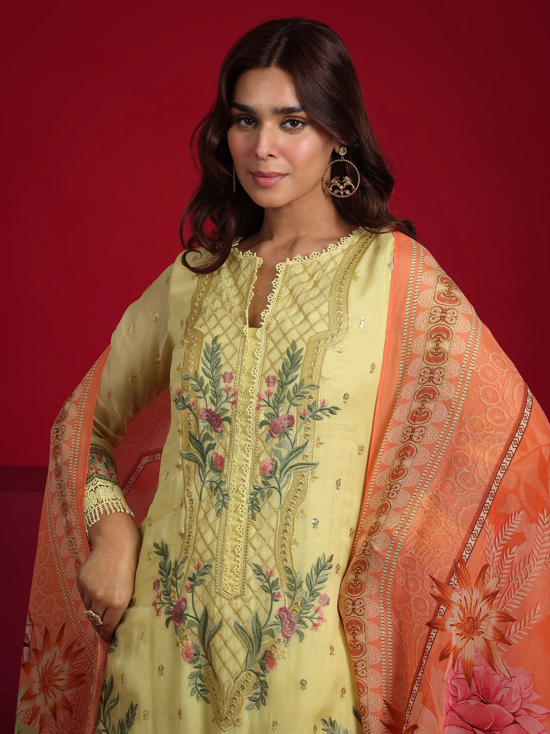 Libas Art Lime Green Embroidered Organza Straight Suit With Dupatta