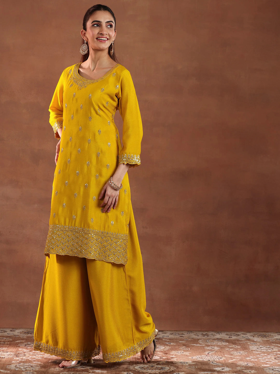 Mustard Embroidered Silk Blend Straight Suit With Dupatta