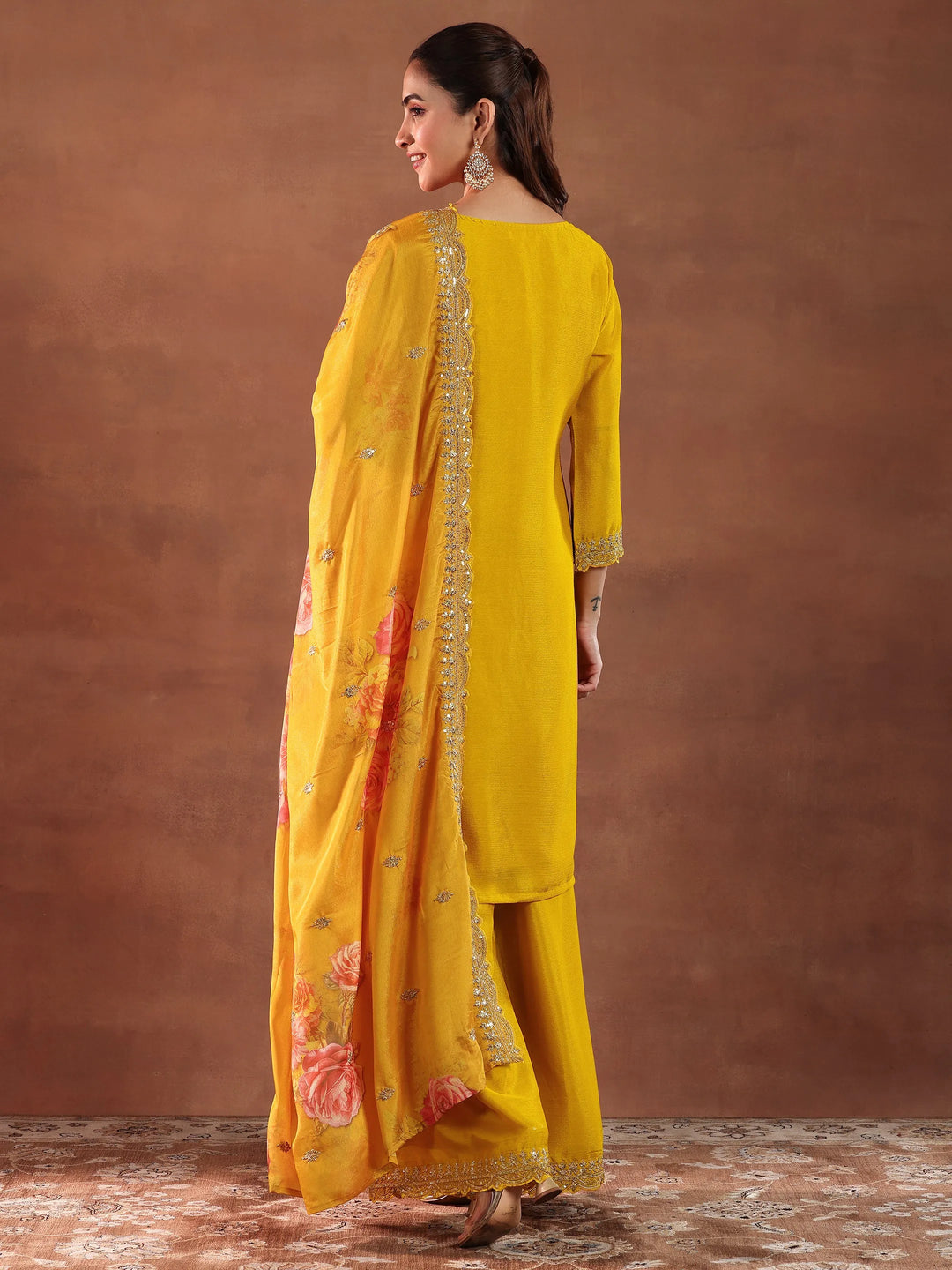 Mustard Embroidered Silk Blend Straight Suit With Dupatta