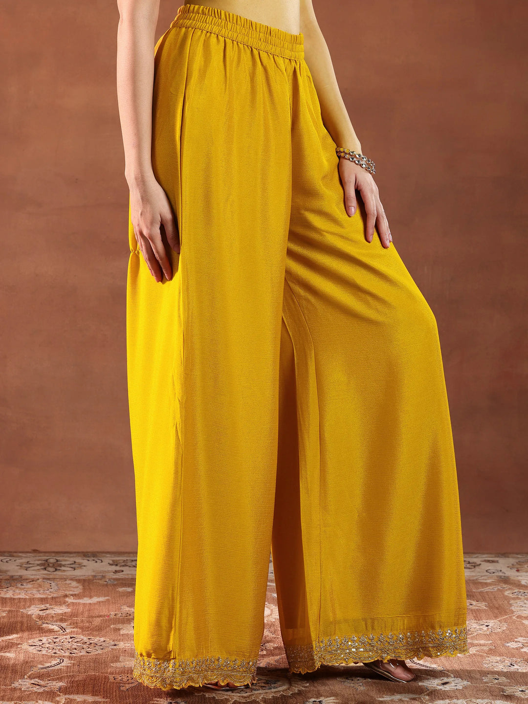 Mustard Embroidered Silk Blend Straight Suit With Dupatta