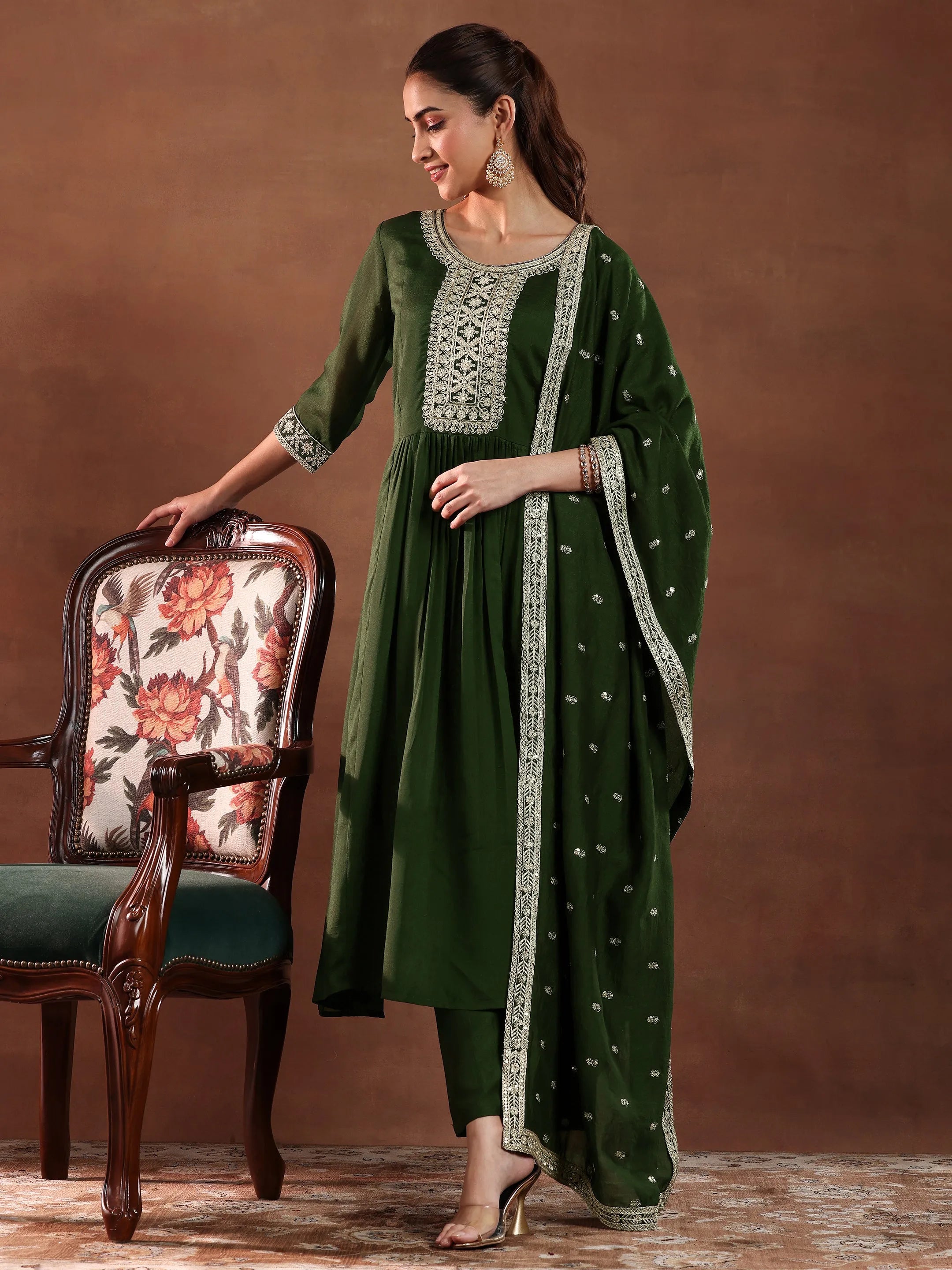 Buy Olive Green Yoke Design Silk Blend Anarkali Suit With Dupatta Online at  Rs.1799 | Libas