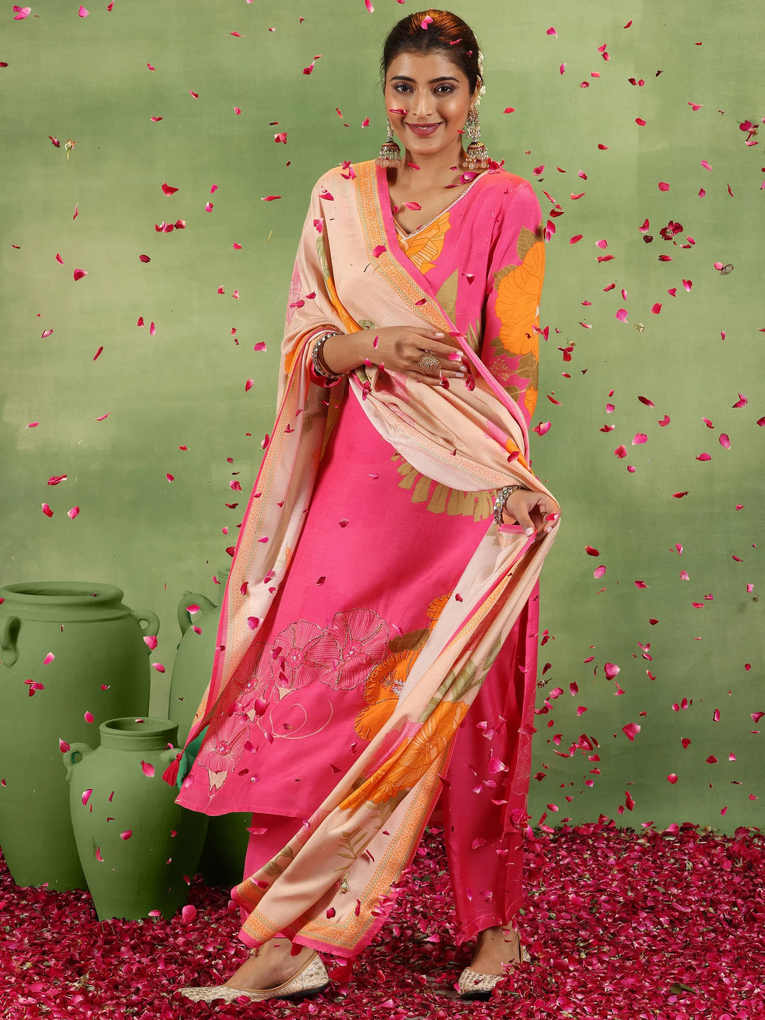 Pink Printed Muslin Straight Suit With Dupatta