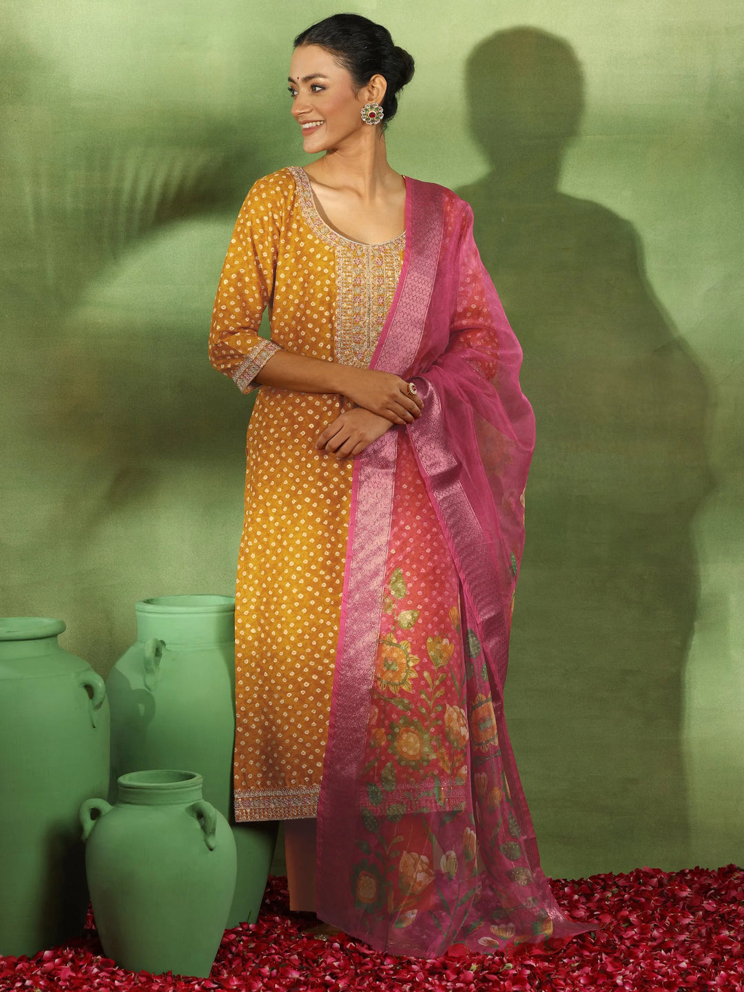 Mustard Printed Silk Blend Straight Suit With Dupatta