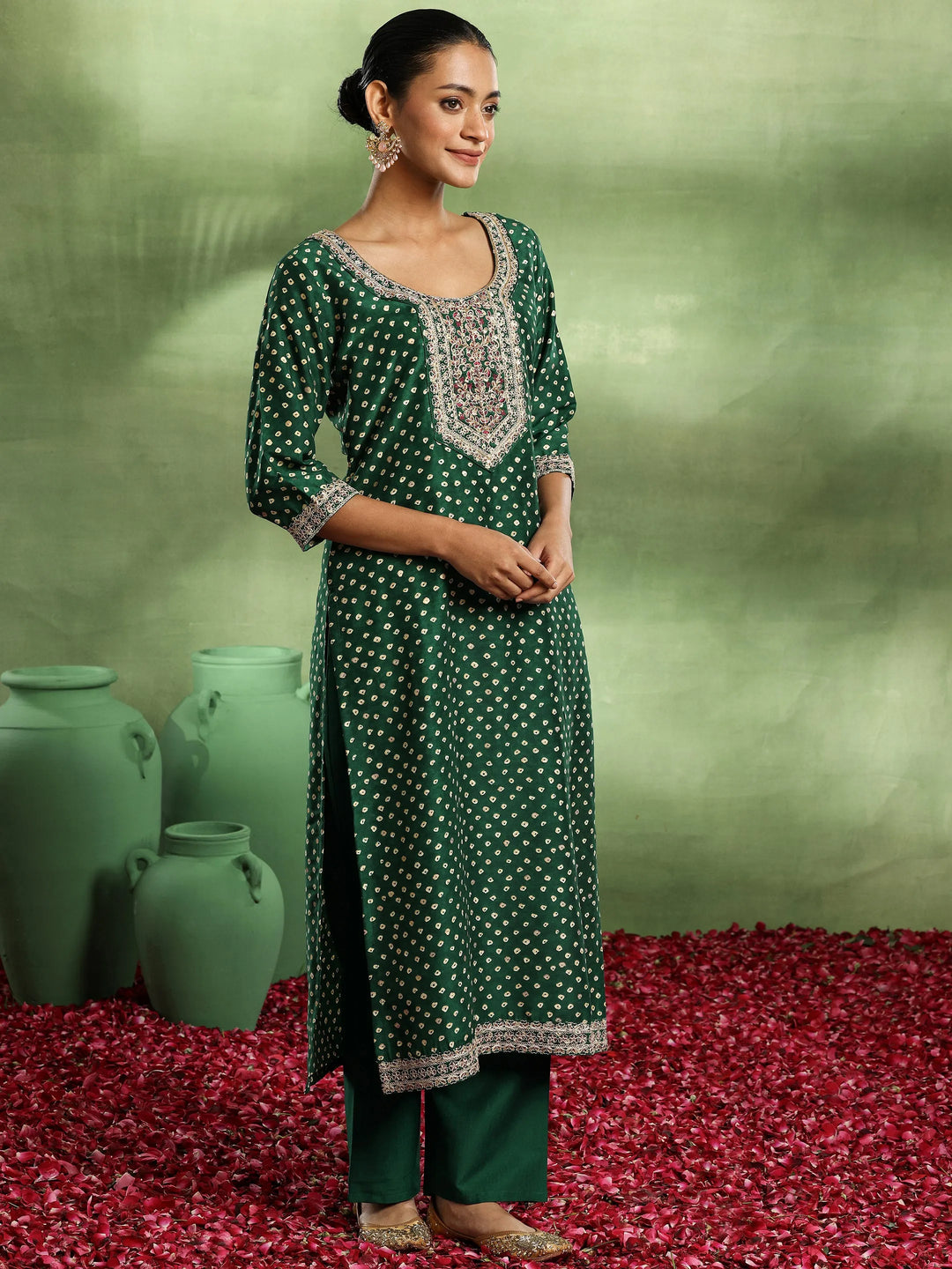 Green Printed Silk Blend Straight Suit With Dupatta
