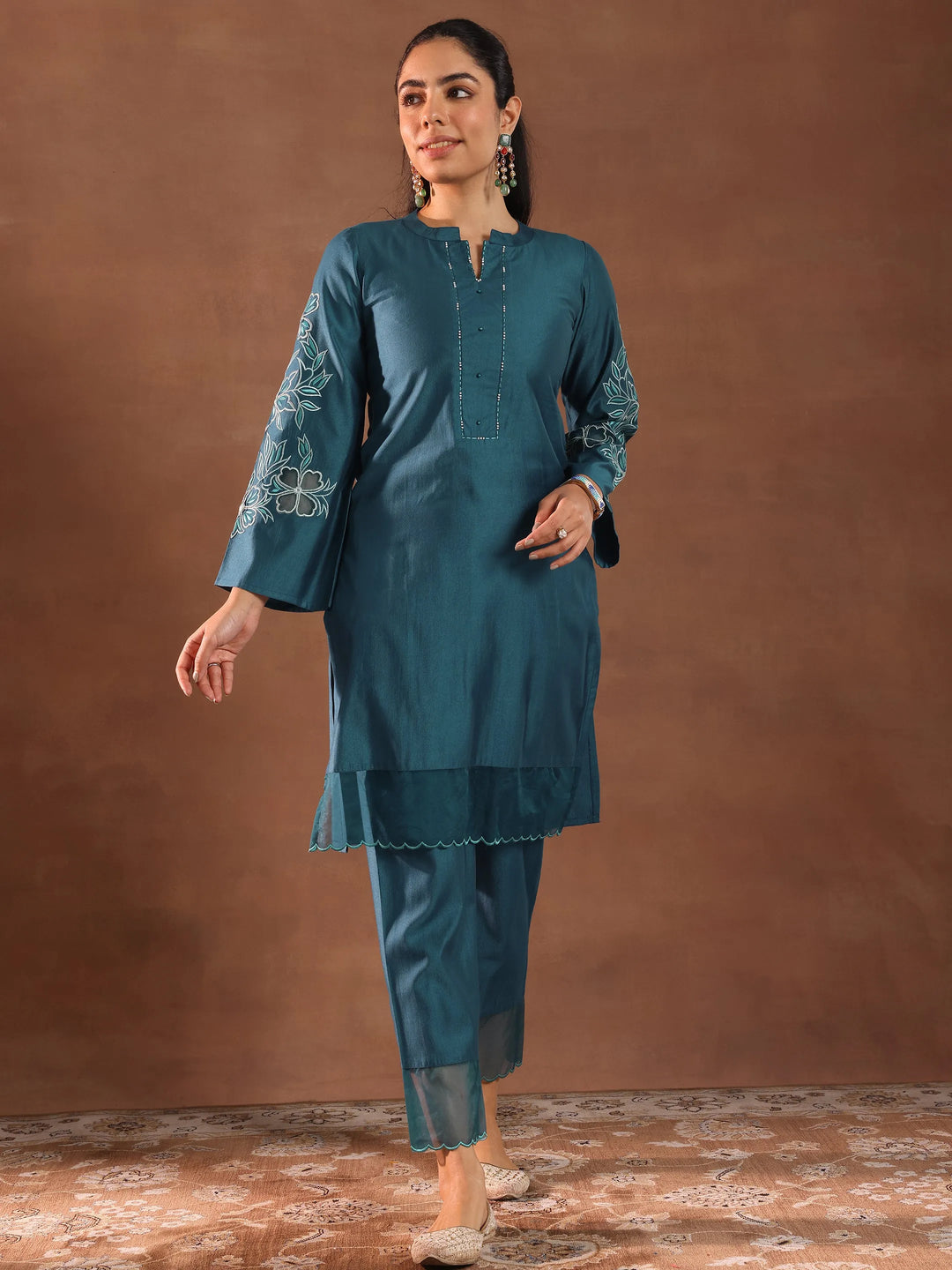 Blue Embroidered Silk Blend Straight Kurta Set