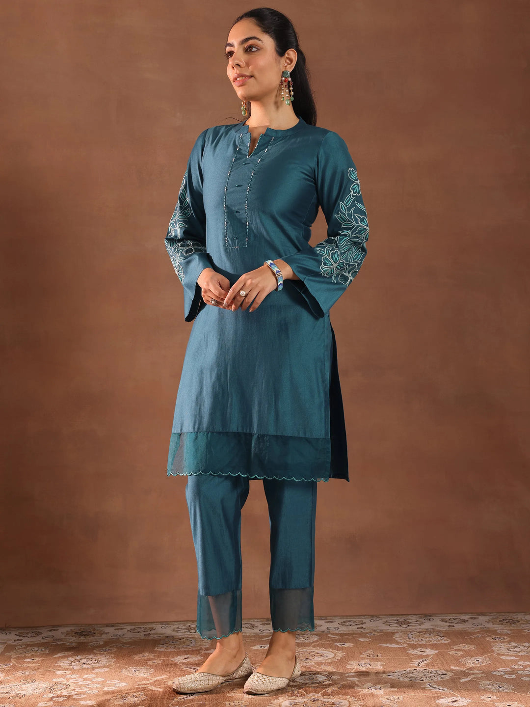 Blue Embroidered Silk Blend Straight Kurta Set
