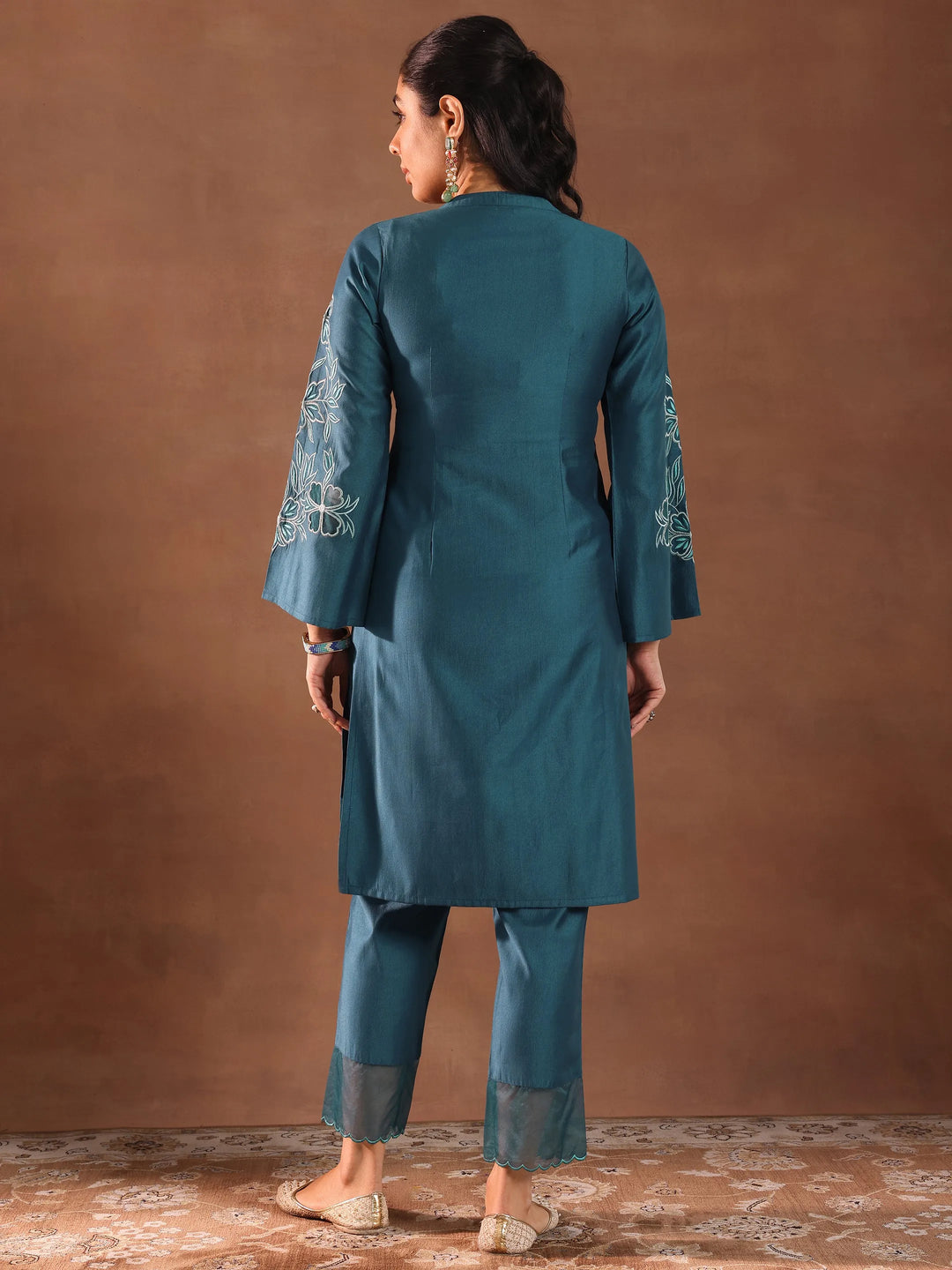 Blue Embroidered Silk Blend Straight Kurta Set