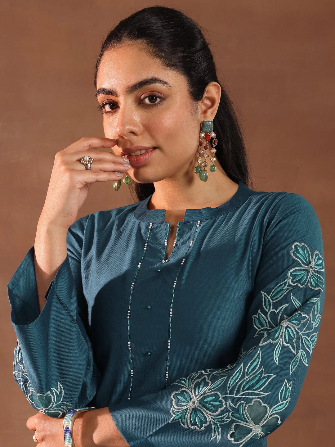 Blue Embroidered Silk Blend Straight Kurta Set