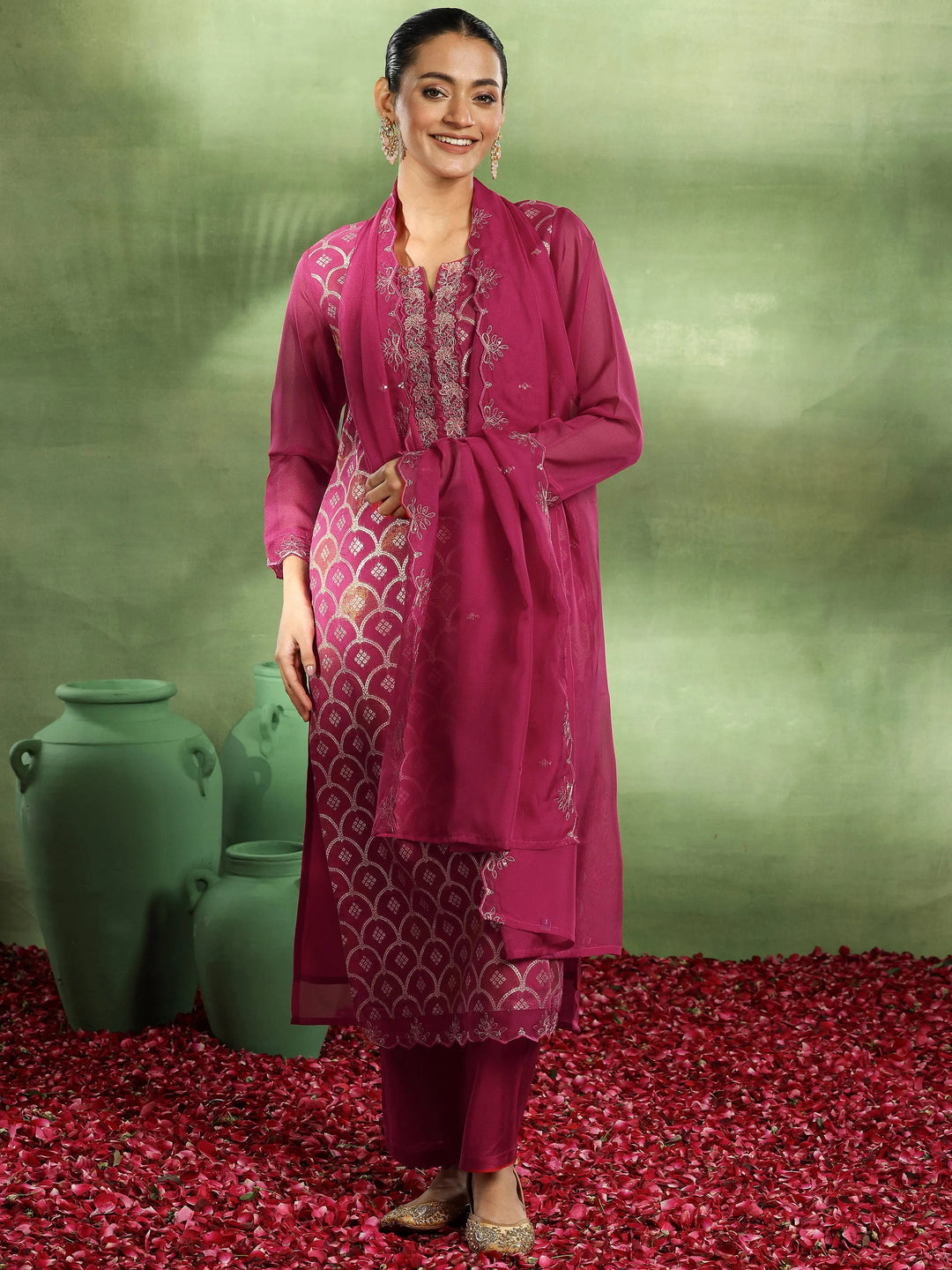 Pink Woven Design Organza Straight Suit With Dupatta