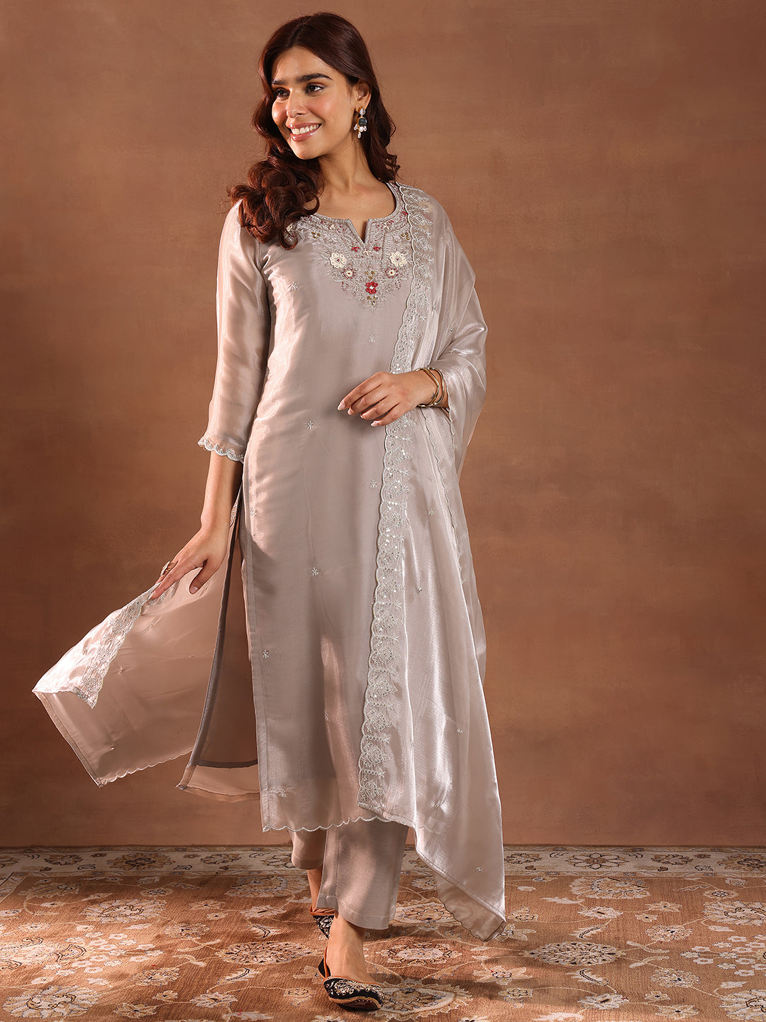 Buy Taupe Yoke Design Tissue Straight Suit With Dupatta Online at