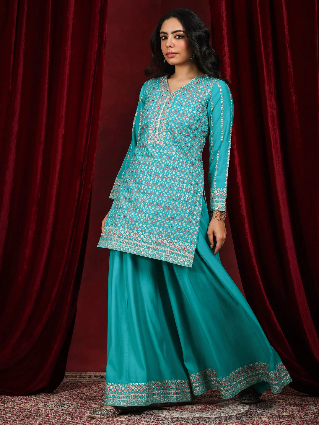 Libas Art Green Embroidered Silk Blend Straight Suit With Dupatta