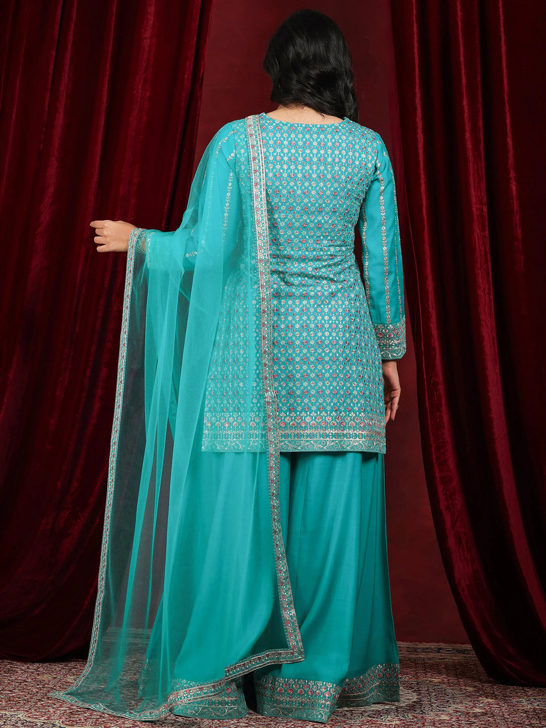 Libas Art Green Embroidered Silk Blend Straight Suit With Dupatta