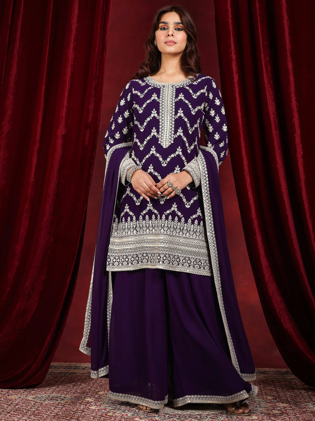 Libas Art Purple Embroidered Georgette Straight Suit With Dupatta