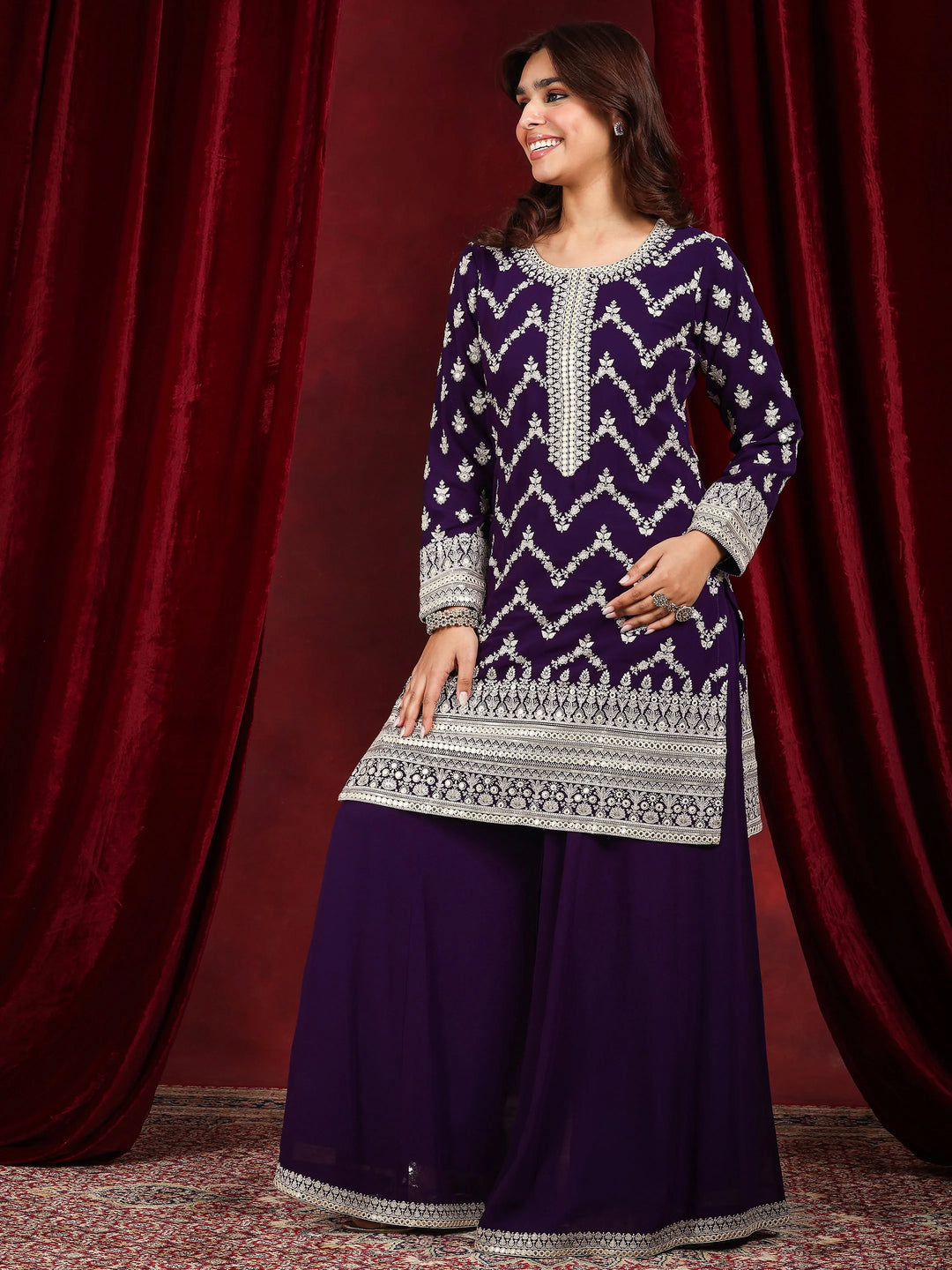 Libas Art Purple Embroidered Georgette Straight Suit With Dupatta