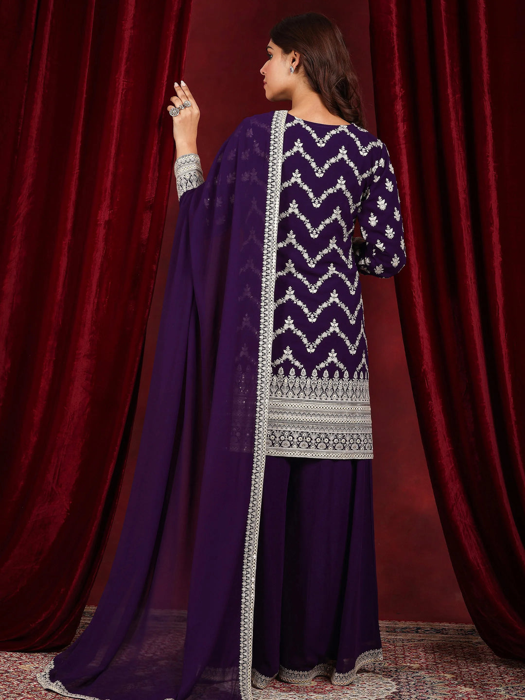 Libas Art Purple Embroidered Georgette Straight Suit With Dupatta