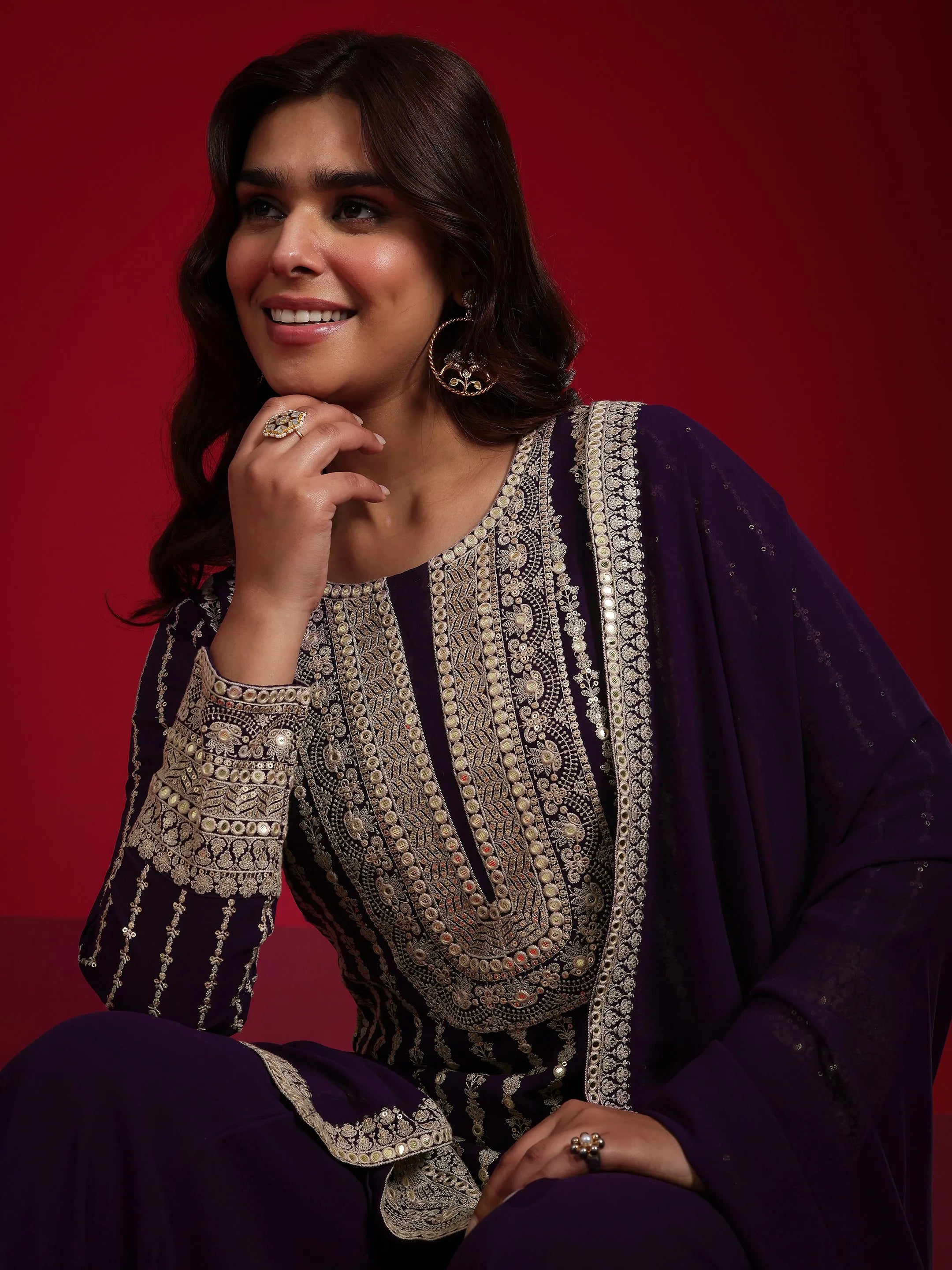 Buy Libas Art Purple Embroidered Georgette A-Line Suit With