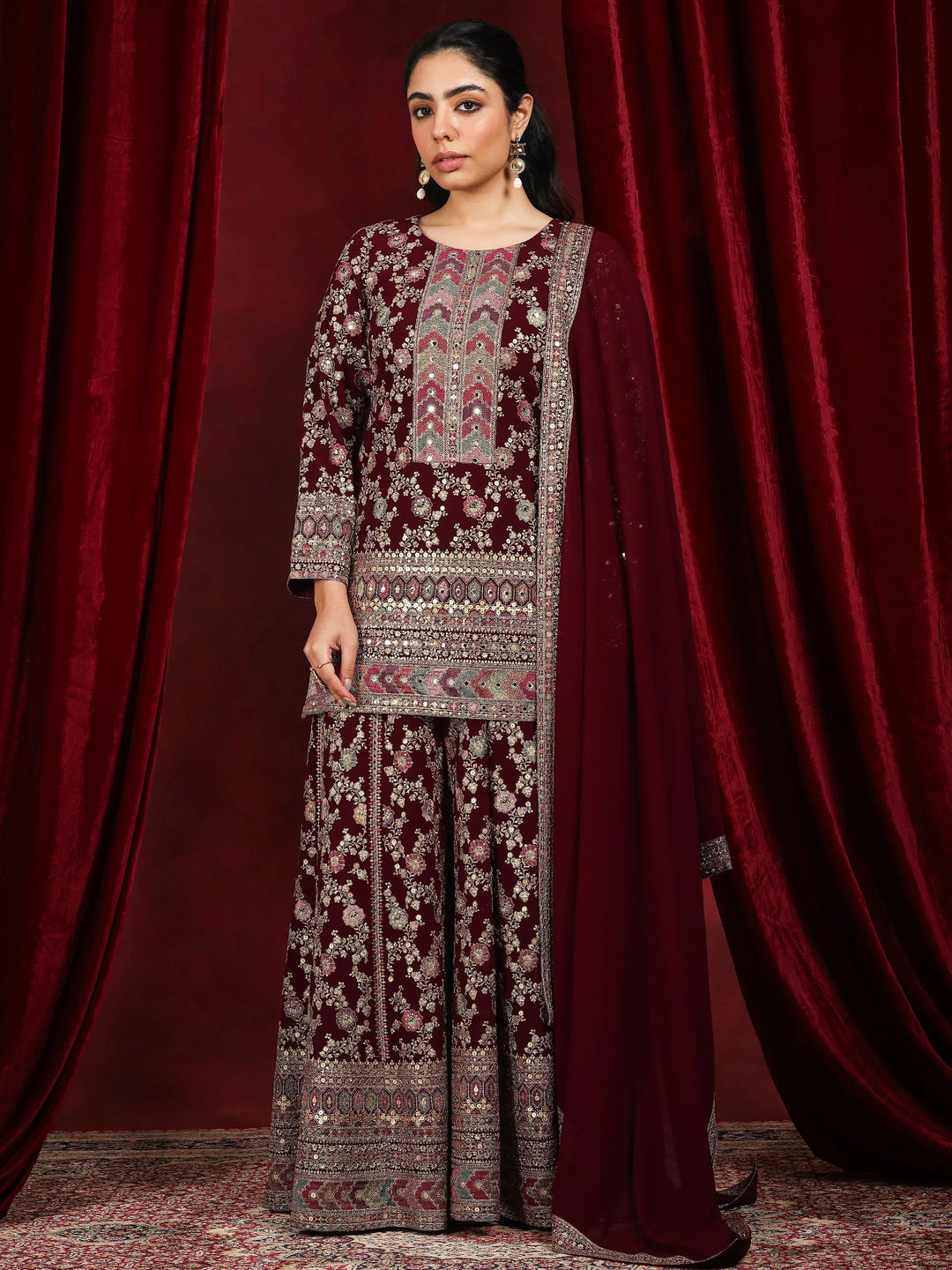 Libas Art Maroon Embroidered Georgette Straight Suit With Dupatta