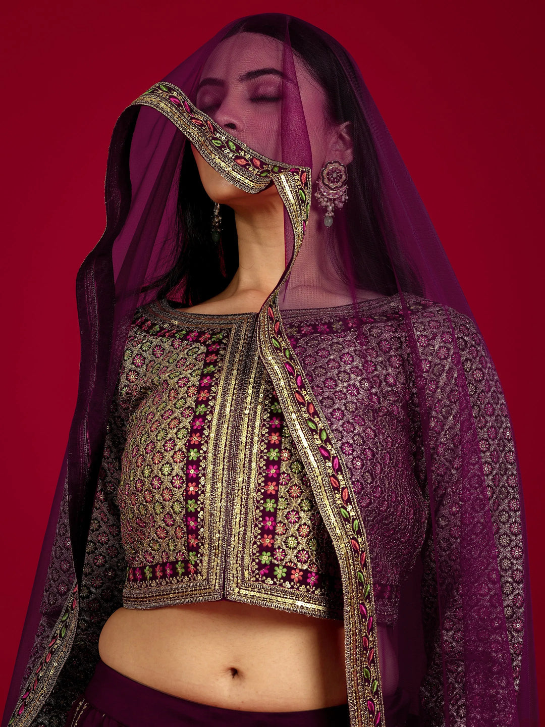 Libas Art Wine Embroidered Silk Blend 3 Piece Co-Ord Sets