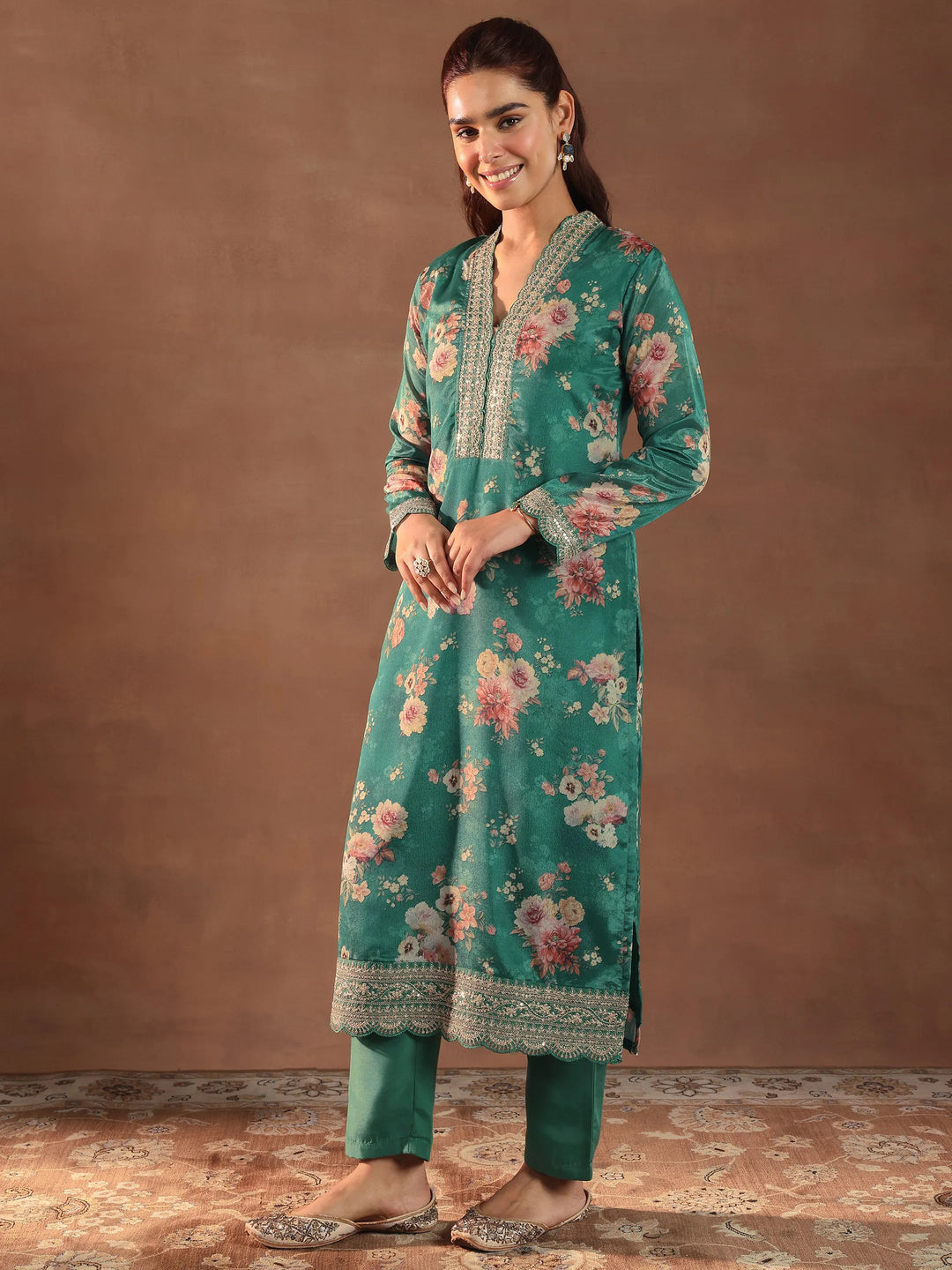 Green Printed Silk Blend Straight Suit With Dupatta