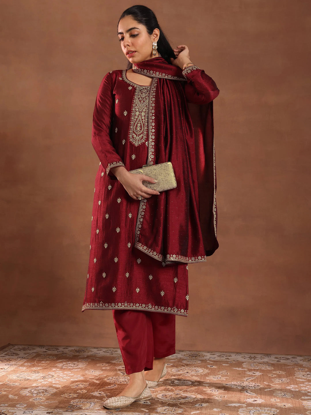Maroon Embroidered Silk Blend Straight Suit With Dupatta