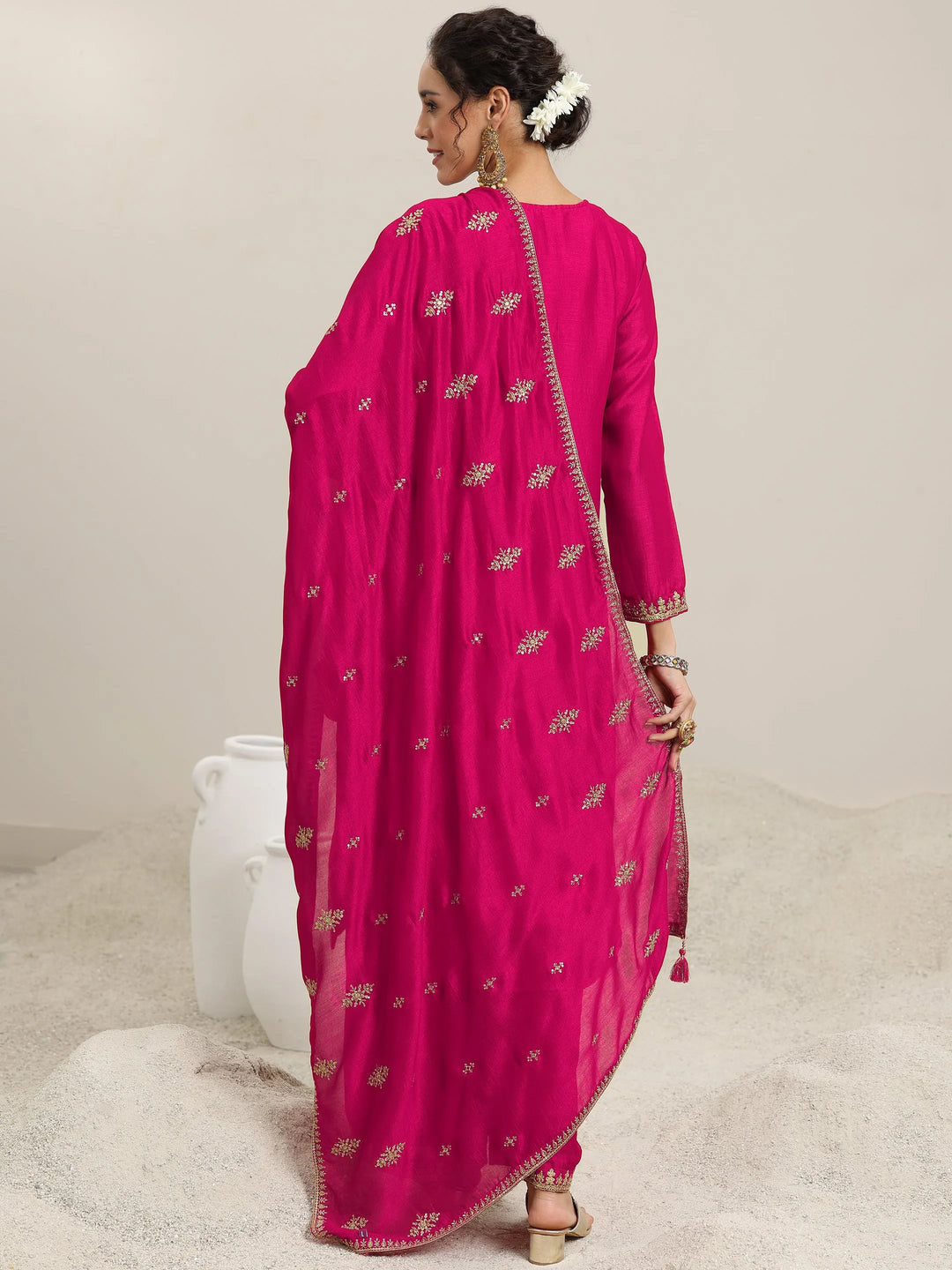 Pink Embellished Silk Blend Straight Kurta With Palazzos & Dupatta