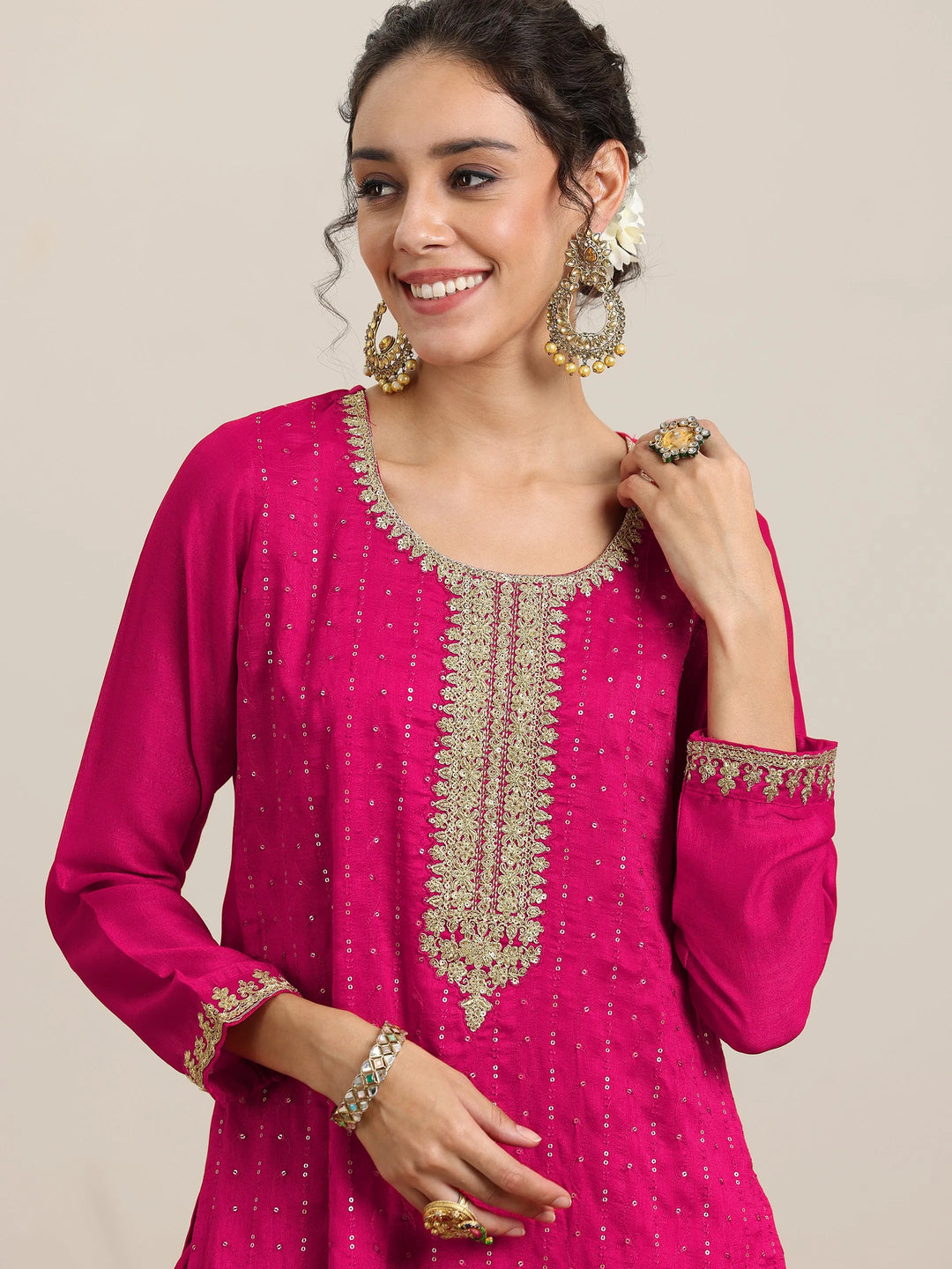 Pink Embellished Silk Blend Straight Kurta With Palazzos & Dupatta
