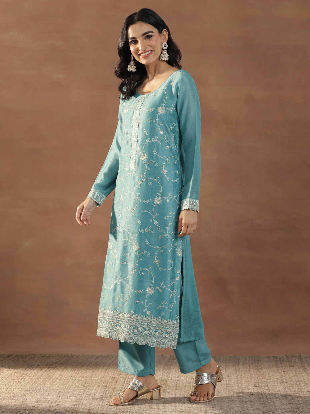 Blue Embroidered Silk Blend Straight Suits With Dupatta