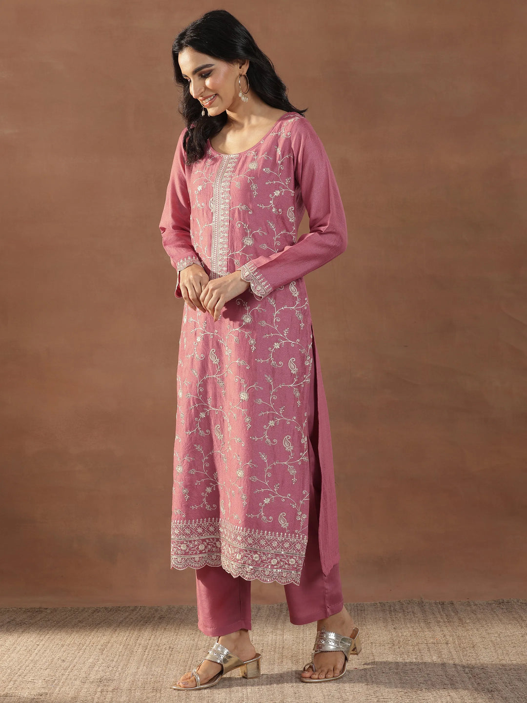 Pink Embroidered Silk Blend Straight Suits With Dupatta