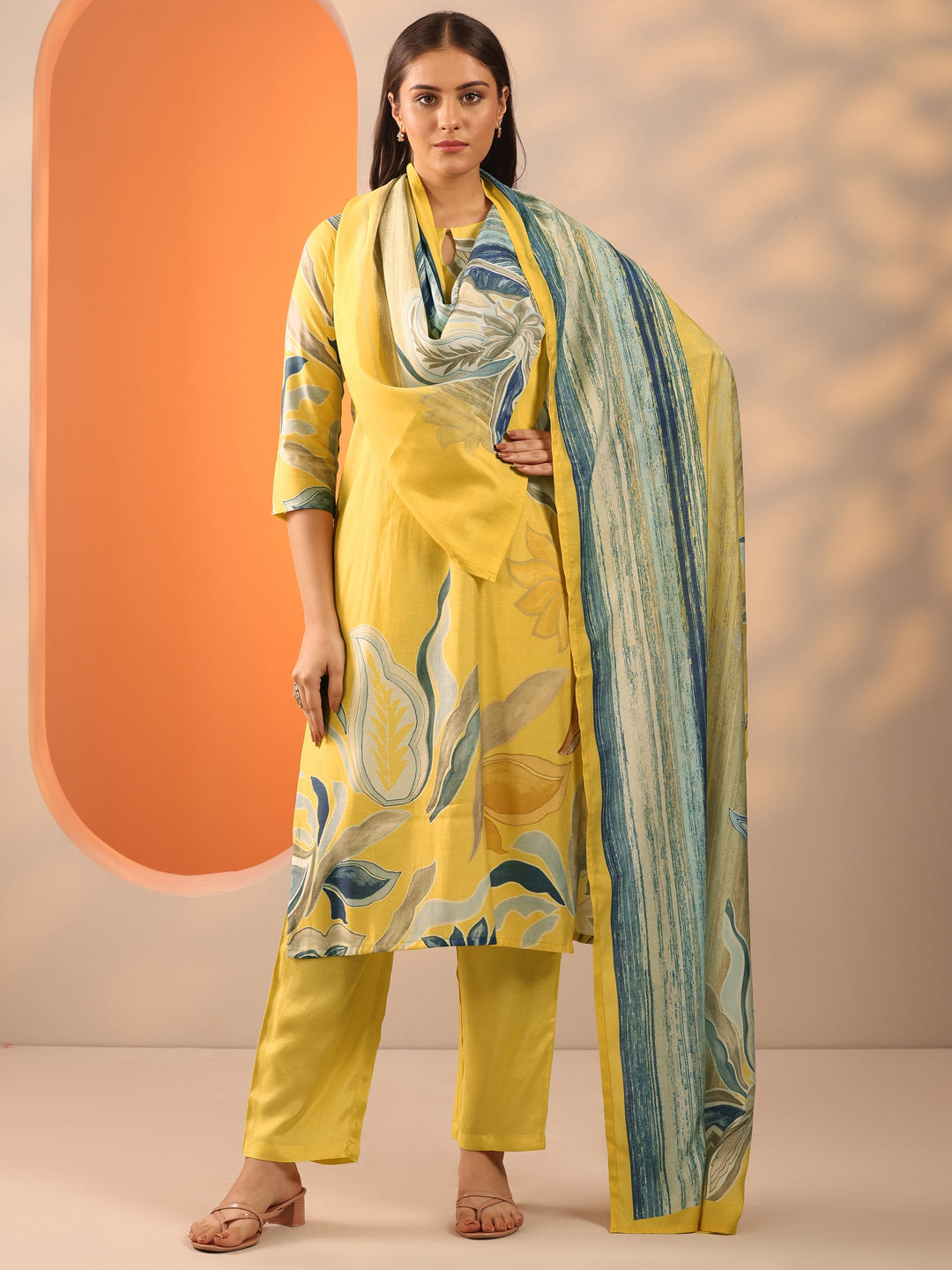Yellow Printed Silk Blend Straight Suit Set With Dupatta
