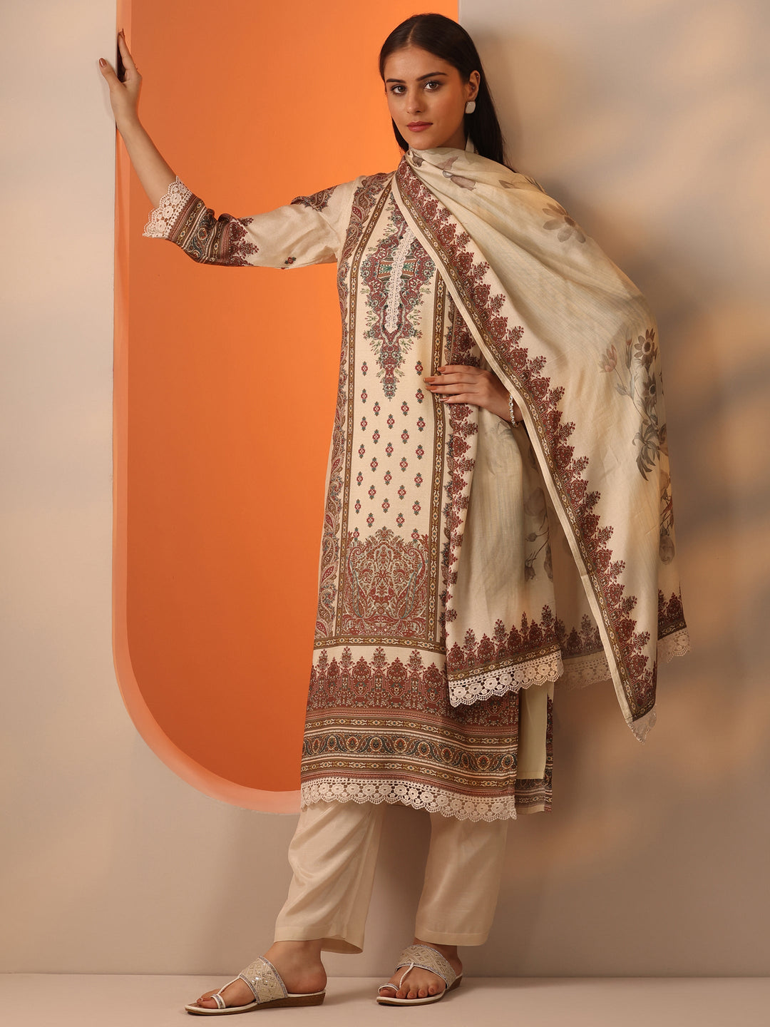 Off White Printed Muslin Straight Suit Set With Dupatta