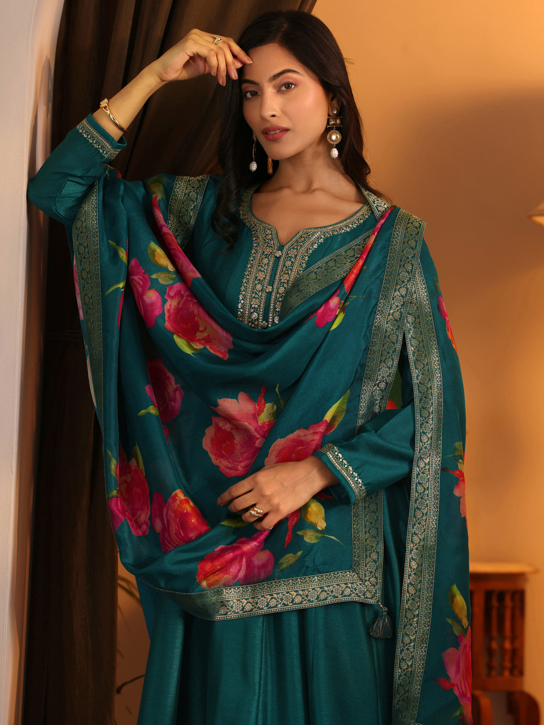 Libas Art Teal Embroidered Silk Blend Anarkali Suit Set With Dupatta