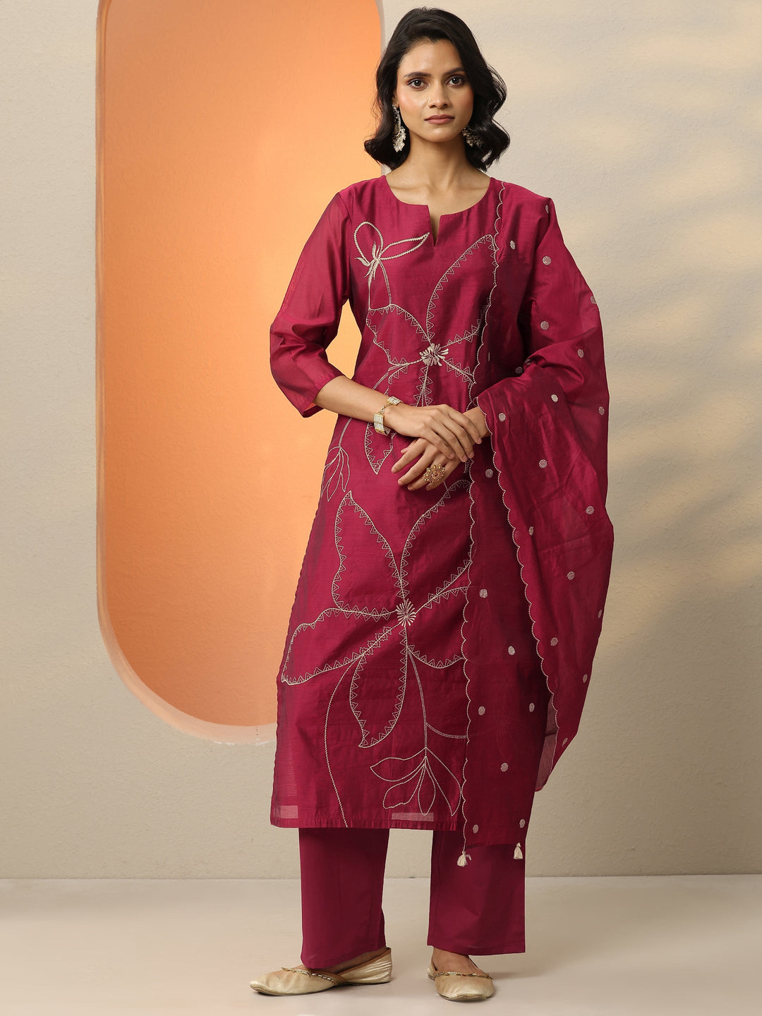 Maroon Embroidered Silk Blend  Straight Suit Set With Dupatta