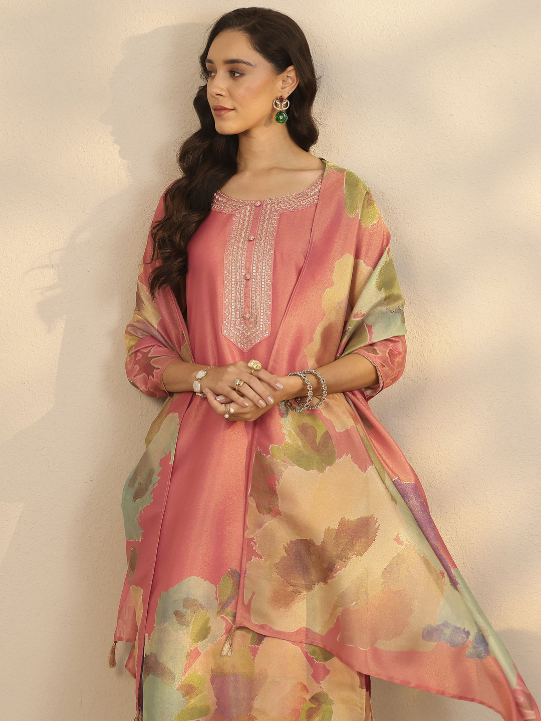 Pink Printed Silk Blend Straight Suit Set With Dupatta