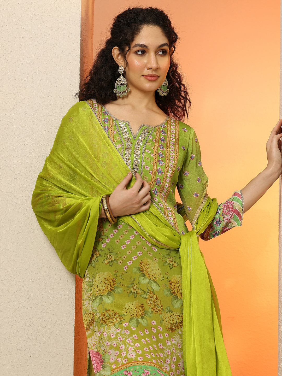 Green Printed Chinon  Straight Suit Set With Dupatta