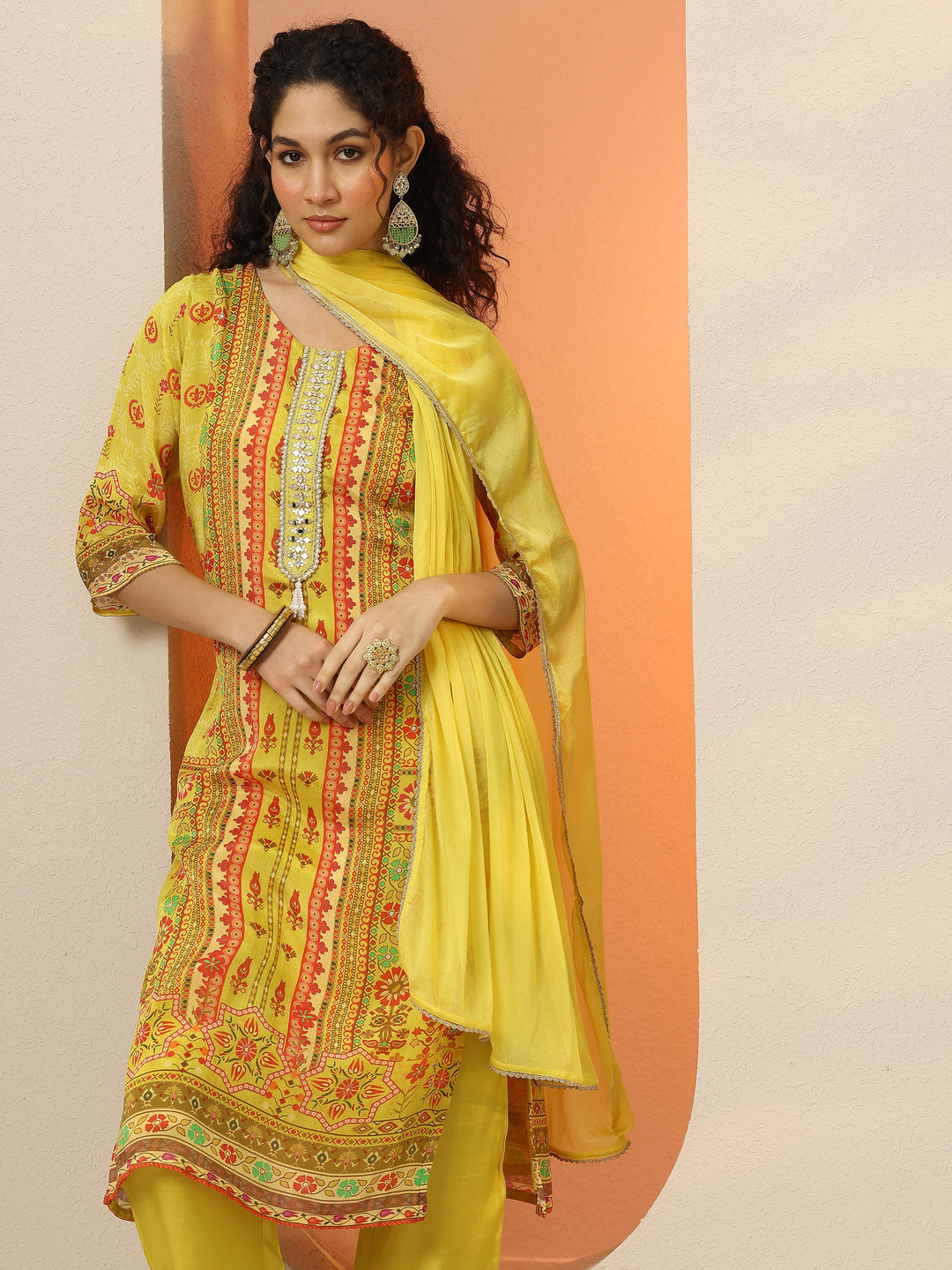 Yellow Printed Chinon  Straight Suit Set With Dupatta
